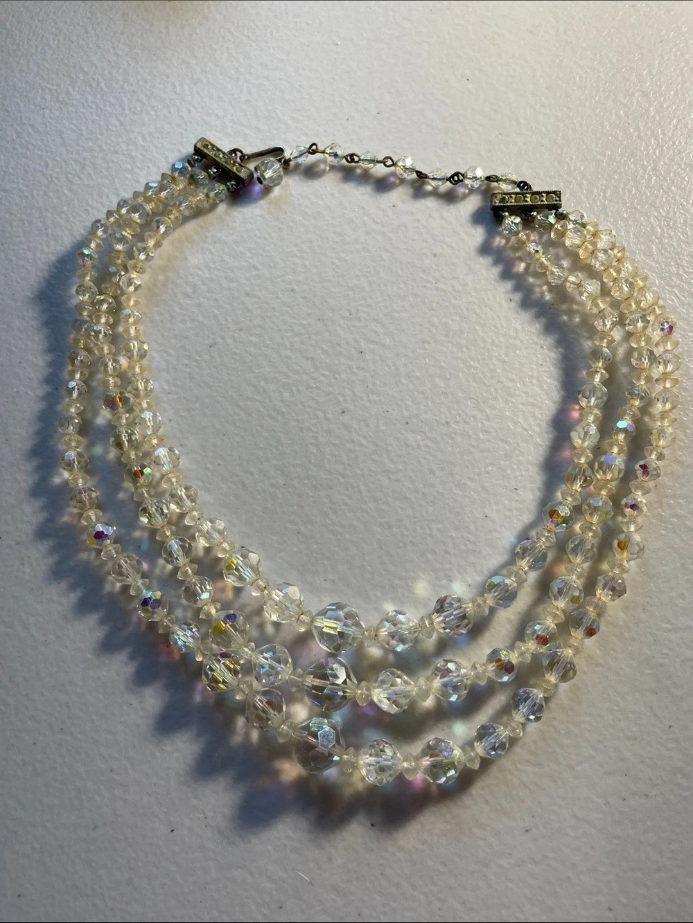 3 Strand Iridescent Faceted Bead Necklace AB Clear Beads